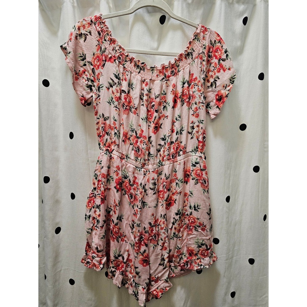 Y2K Bongo pink floral smocked ruffle romper XL gauze short sleeve off shoulder - Picture 8 of 11
